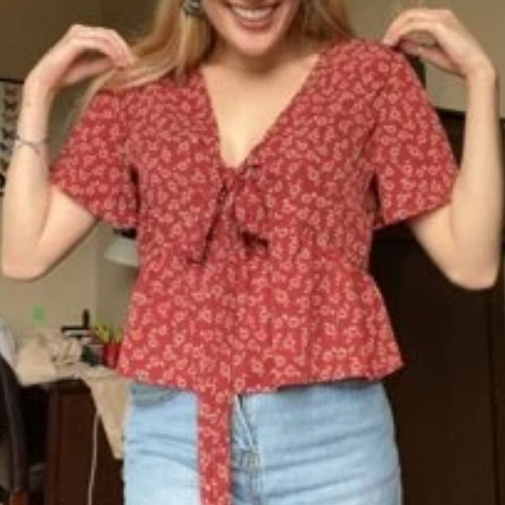 Boho Floral print front tie babydoll peplum crop top ROSE RED - Picture 7 of 8